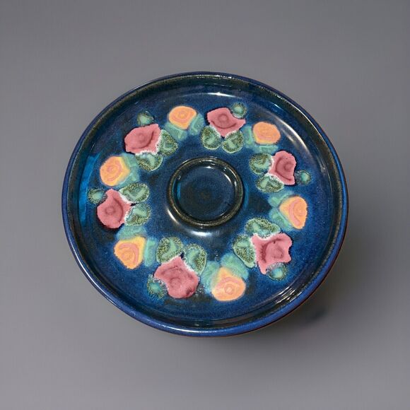 Susan DeMay Floral Blue Pottery Two Piece Chip And Dip Set Signed - Picture 3 of 12